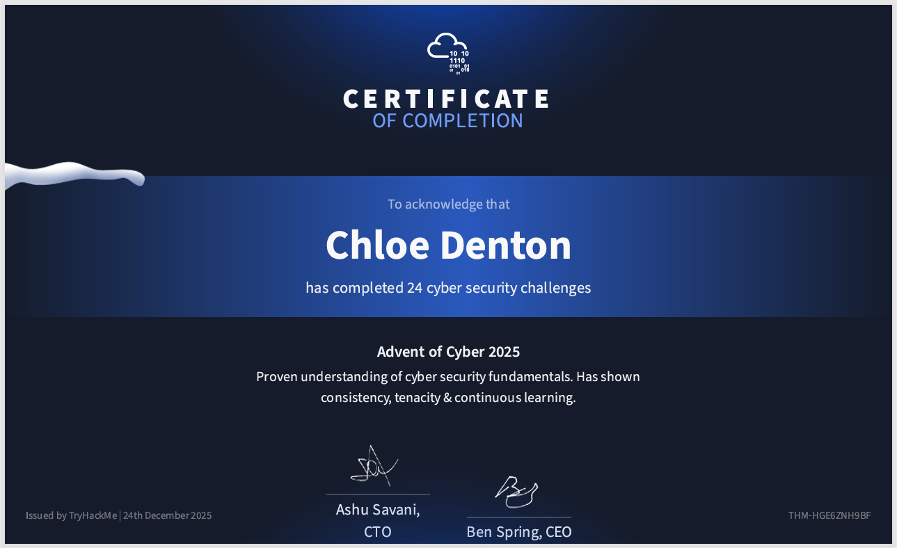 Advent of Cyber Certificate